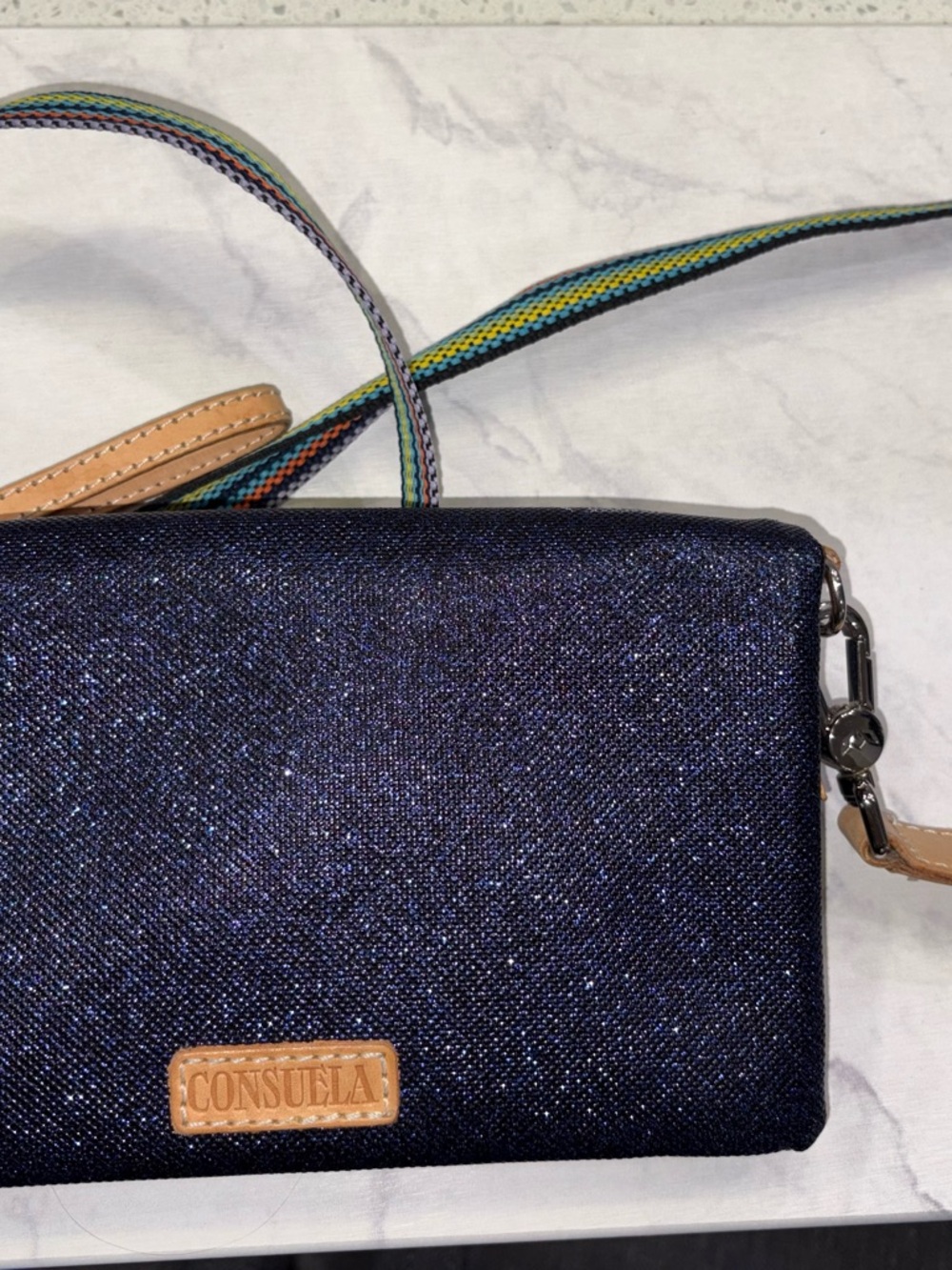 Consuela Navy Glitter Crossbody with Tan Trim and Multicolor Strap